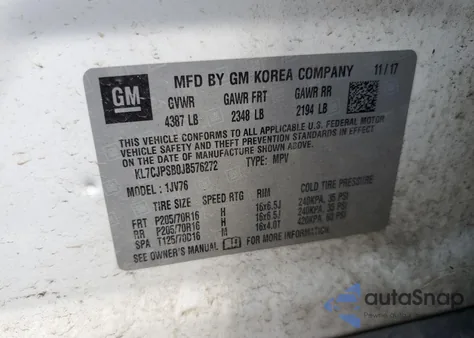 2018 Chevrolet Trax 1Lt z USA, uszkodzony, nr VIN KL7CJPSB0JB576272